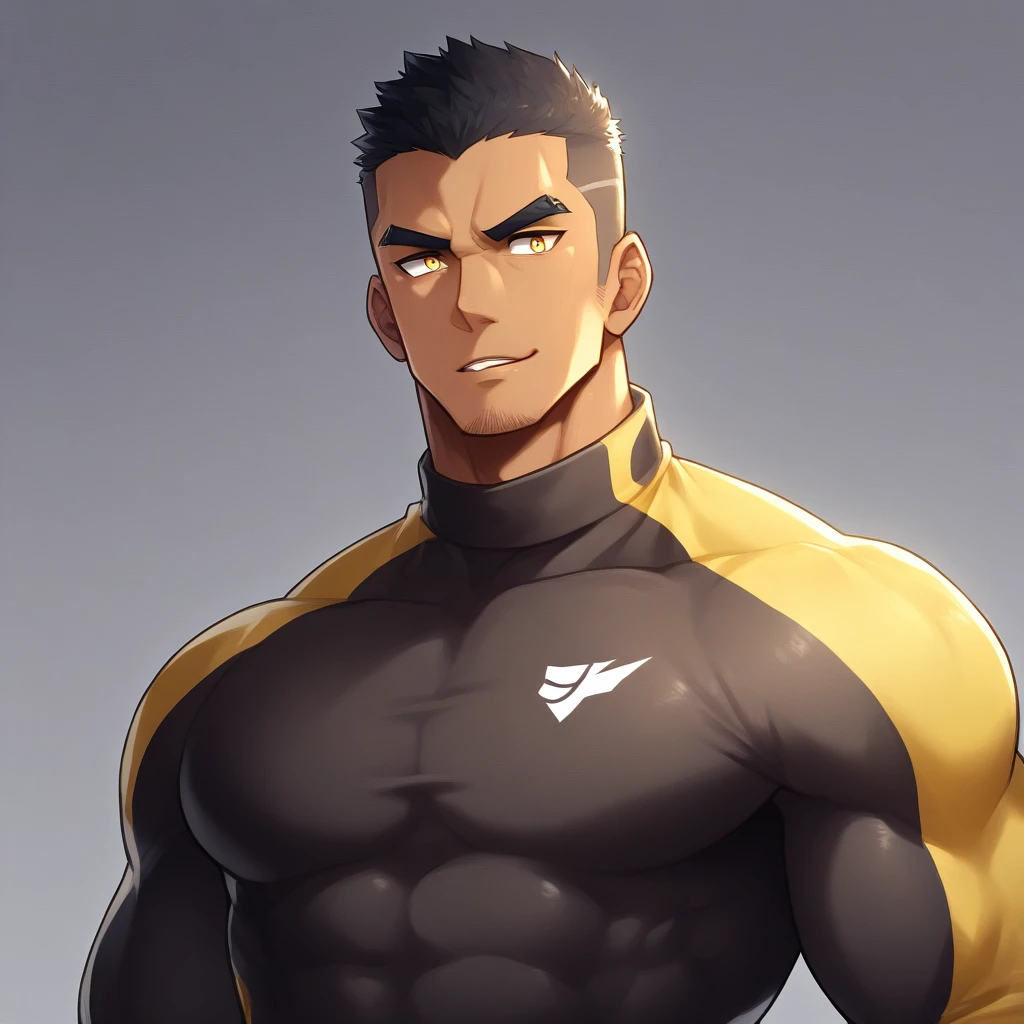 anime characters:Gyee, Muscle Sports Student, negro black skin, 1 dark skin muscular tough guy, Manliness, male focus, Light yellow high collar long sleeve tight T-shirt, Slightly transparent material, Very tight, Round, full and perky chest muscles, Slightly transparent, muscular male, muscular, only, Upper body, alone, Black short hair, Thick eyebrows, stubble, Yellow eyes, Grey background, simple background, amazing quality, best aesthetics, Ridiculous, bright pupils, crew cut, parted lips, seductive smile, torogao, naughty face, drop shadow, best quality