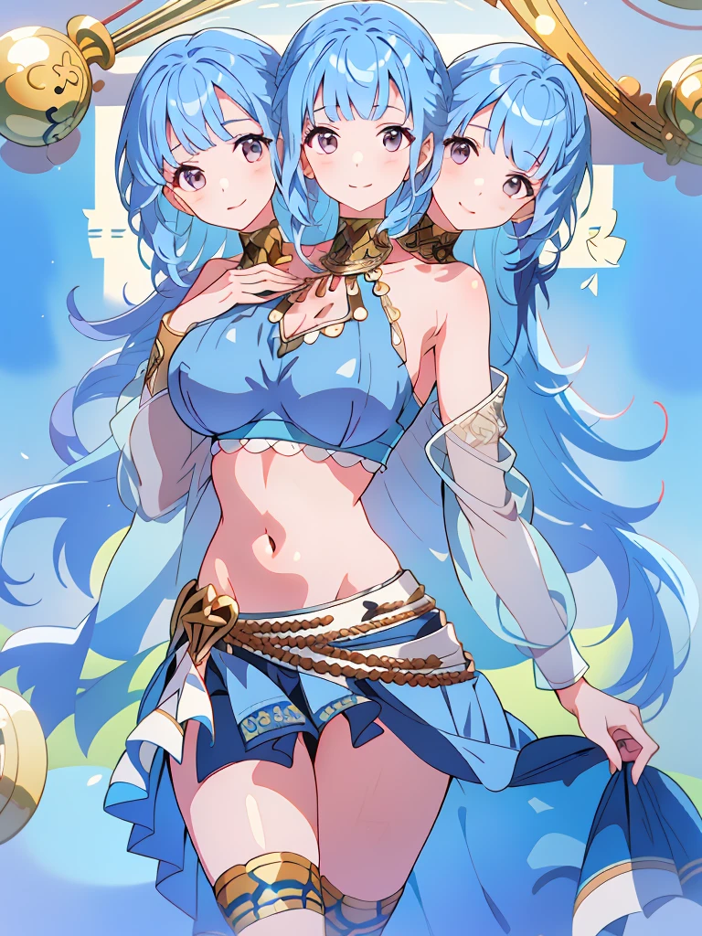 (masterpiece, best quality), best resolution, (3heads:1.5), 1girl, blue hair, long flowing hair, smiling, open belly, blue crop top, blue miniskirt, open breasts, huge tits,
