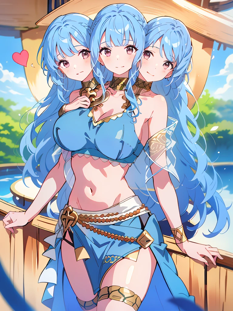 (masterpiece, best quality), best resolution, (3heads:1.5), 1girl, blue hair, long flowing hair, smiling, open belly, blue crop top, blue miniskirt, open breasts, huge tits,
