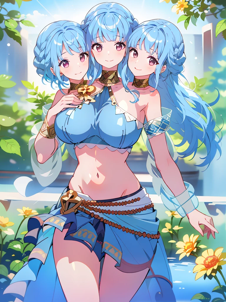 (masterpiece, best quality), best resolution, (3heads:1.5), 1girl, blue hair, long flowing hair, smiling, open belly, blue crop top, blue miniskirt, open breasts, huge tits,
