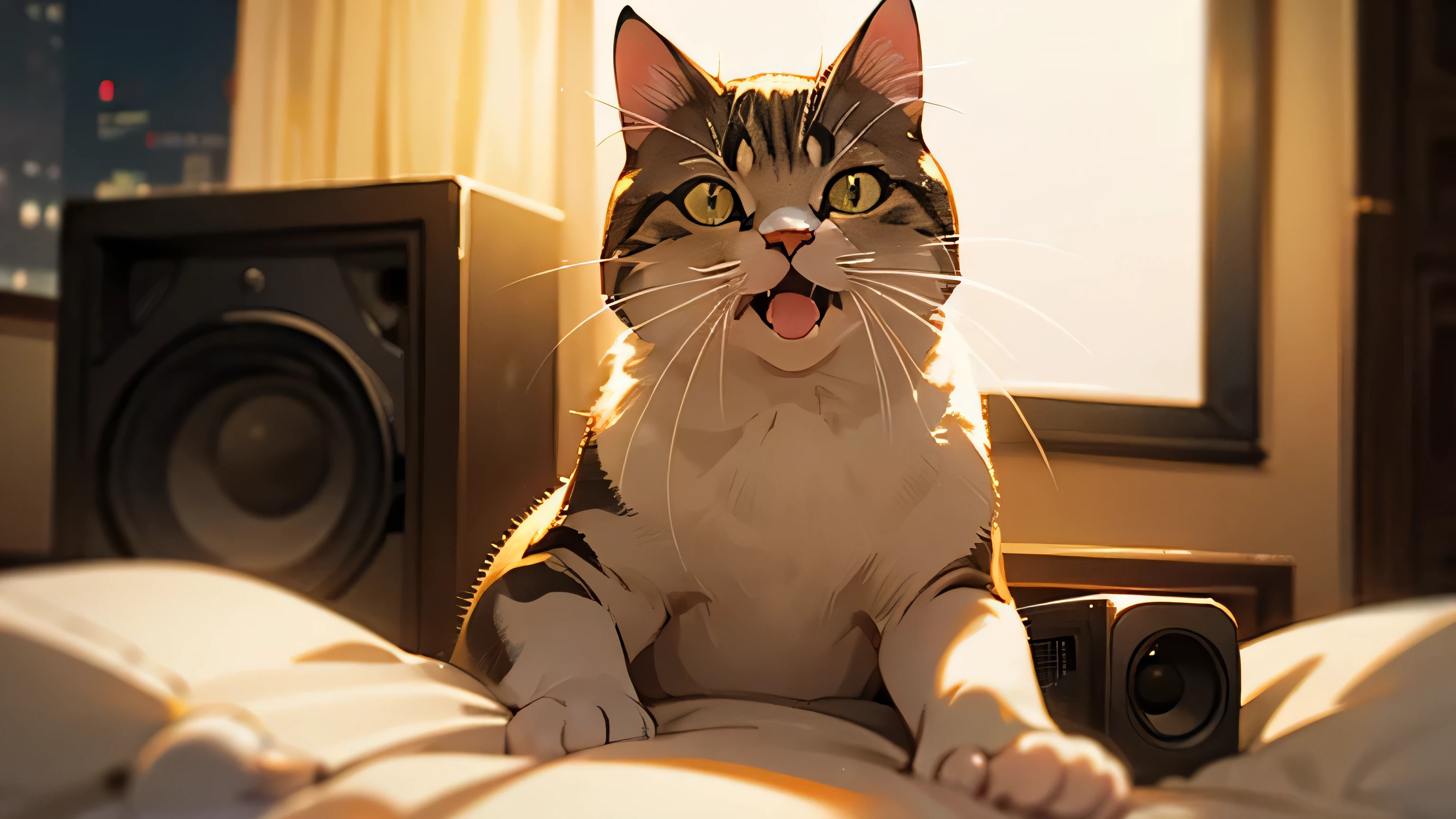 Room with speakers、Real Cat、Upper body close-up、night、Yawn