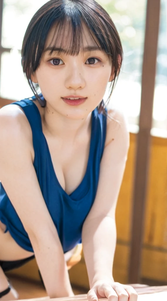 ((((masterpiece, best quality, high resolution)))), Extremely detailed 8K, Beautiful girl with voluptuous body, (Ultra HD, Ultra-detailed, Highly detailed, Highly realistic, Ultra-realistic, photograph realistic), (1girl:1.5), (Realistic white hair), short wavy black hair, bob cut, (dynamic poses), facing at camera, light smile, purple eyes, average breasts, (beautiful detailed face, beautiful detailed eyes), (white tank top, thin material), cleavage, dark jean shorts, glow, sweat, (sunbeam, sunlight)、Fishnet tights