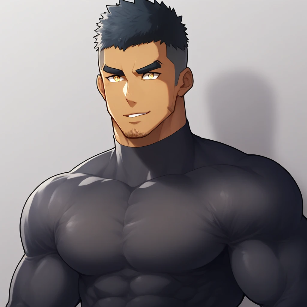 anime characters:Gyee, Muscle Sports Student, negro black skin, 1 dark skin muscular tough guy, Manliness, male focus, Light yellow high collar long sleeve tight T-shirt, Slightly transparent material, Very tight, Round, full and perky chest muscles, Slightly transparent, muscular male, muscular, only, Upper body, alone, Black short hair, Thick eyebrows, stubble, Yellow eyes, Grey background, simple background, amazing quality, best aesthetics, Ridiculous, bright pupils, crew cut, parted lips, seductive smile, torogao, naughty face, drop shadow, best quality