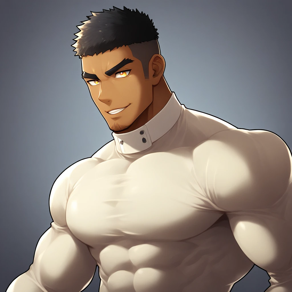 anime characters：Gyee, Muscle Sports Student, negro black skin, 1 dark skin muscular tough guy, Manliness, male focus, Light yellow high collar long sleeve tight T-shirt, Slightly transparent material, Very tight, Round, full and perky chest muscles, Slightly transparent, muscular male, muscular, only, Upper body, alone, Black short hair, Thick eyebrows, stubble, Yellow eyes, Grey background, simple background, amazing quality, best aesthetics, Ridiculous, bright pupils, crew cut, parted lips, seductive smile, torogao, naughty face, drop shadow, best quality