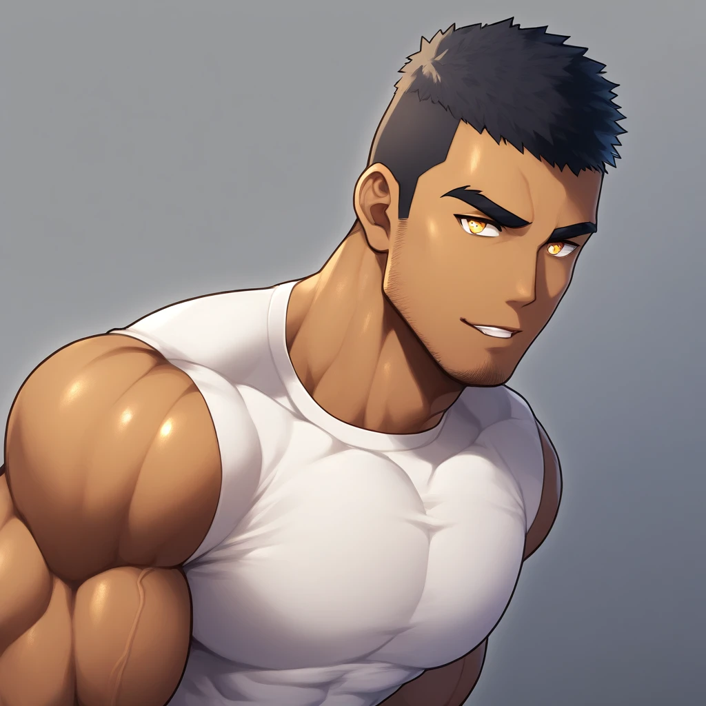 anime characters：Gyee, Muscle Sports Student, negro black skin, 1 dark skin muscular tough guy, Manliness, male focus, Light yellow high collar long sleeve tight T-shirt, Slightly transparent material, Very tight, Round, full and perky chest muscles, Slightly transparent, muscular male, muscular, only, Upper body, alone, Black short hair, Thick eyebrows, stubble, Yellow eyes, Grey background, simple background, amazing quality, best aesthetics, Ridiculous, bright pupils, crew cut, parted lips, seductive smile, torogao, naughty face, drop shadow, best quality