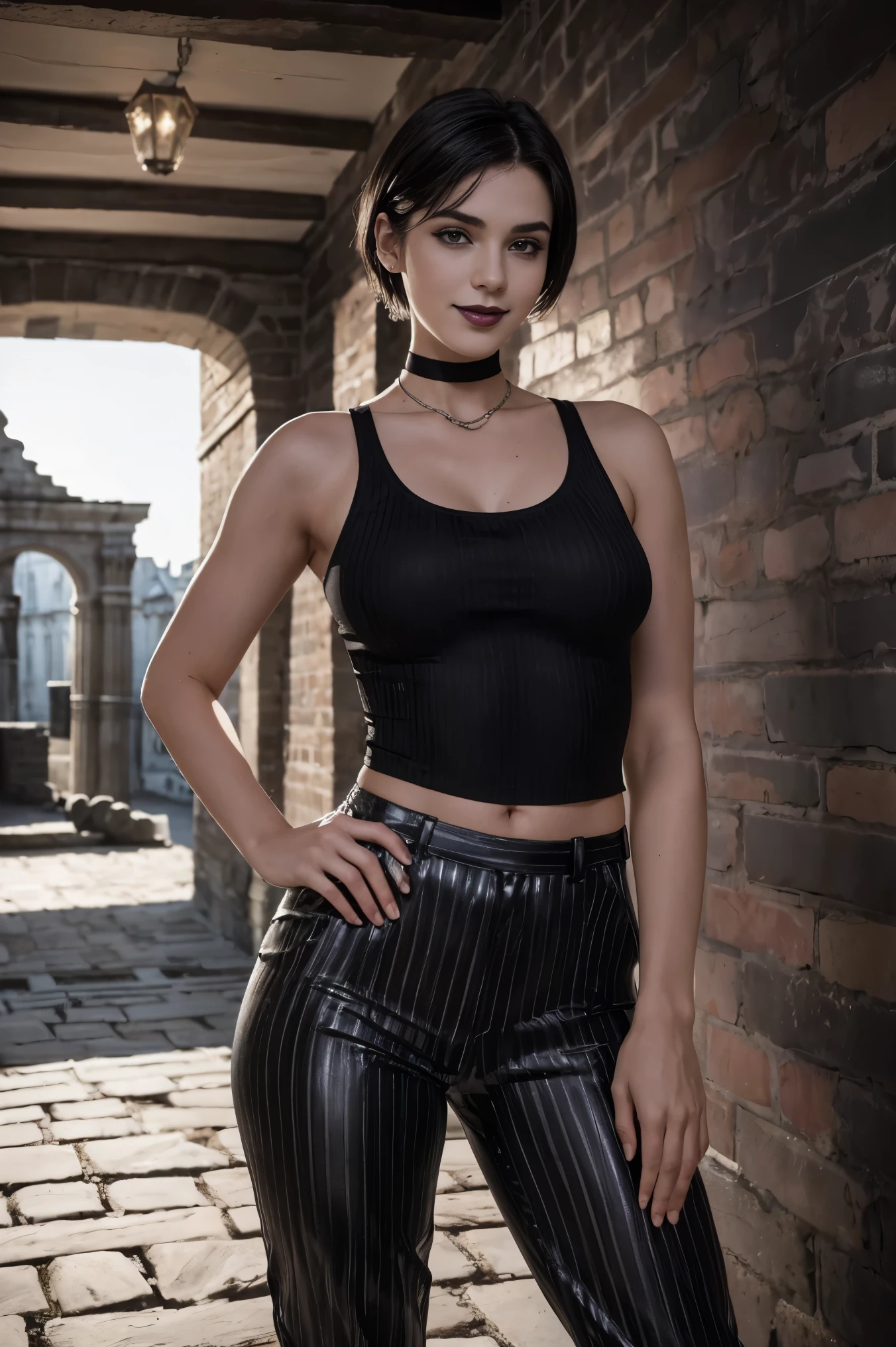 (best quality, masterpiece, ultra high resolution), (8k wallpaper, high-definition, HDR, RAW, Cinematic lighting), (hyperrealistic), (authenticity: 1.4), (full body shot), 1girl, ((18 year old girl)), ((Dark short hair)), ((Pretty French Girl)), ((Pretty face)), ((Black lipstick)), ((Tight clothes)), ((Brown Eyes)), ((Pale skin)), amazing slim body, thick legs, thick thighs, big ass, wide hips, flat tummy, ((perfect hands)), ((Standing)), ((Modelling)), ((Black and White stripped jersey)), ((Black trousers)), ((view at viewer)), ((Subtle smile)), (((An European Stonebrick road))), natural illumination, sunny illumination, contrast