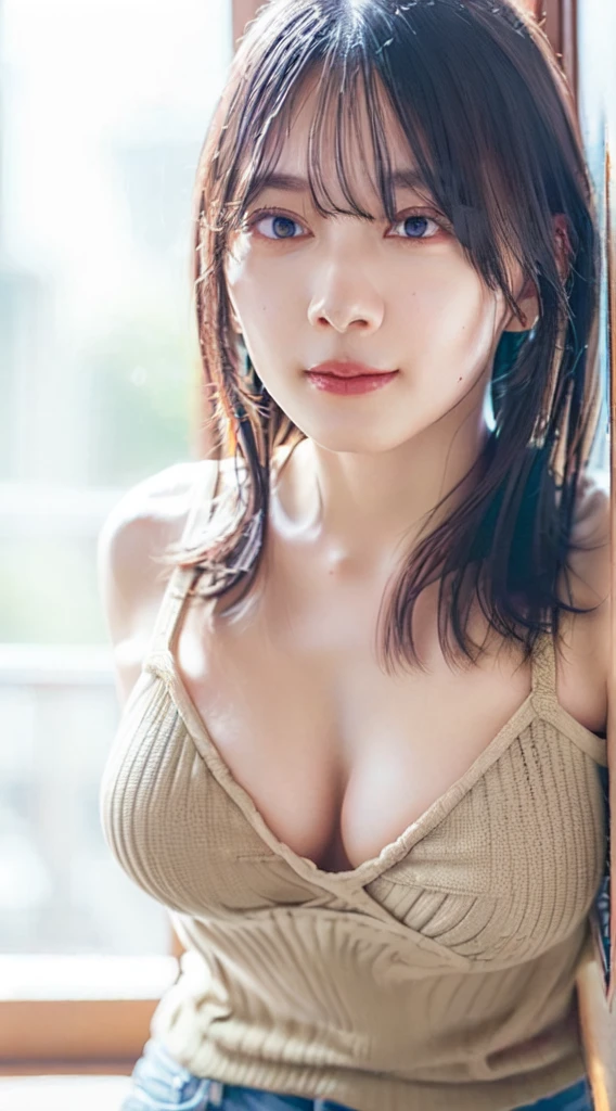((((masterpiece, best quality, high resolution)))), Extremely detailed 8K, Beautiful girl with voluptuous body, (Ultra HD, Ultra-detailed, Highly detailed, Highly realistic, Ultra-realistic, photograph realistic), (1girl:1.5), (Realistic white hair), short wavy black hair, bob cut, (dynamic poses), facing at camera, light smile, purple eyes, average breasts, (beautiful detailed face, beautiful detailed eyes), (white tank top, thin material), cleavage, dark jean shorts, glow, sweat, (sunbeam, sunlight)、Fishnet tights