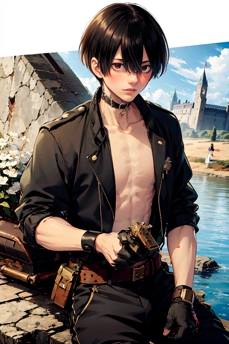 (masterpiece, best quality:1.2), rekkyou sensen,rekkyo sensen, hasuichi nishizono, short hair, black hair, red eyes, boy, male, anime,1boy, bangs, hair between eyes, jacket, looking at viewer, male focus, solo, zipper, black underwear, black gloves, silver choker, background with((fantasy world, ruin, castle, beautiful sky, shining sky, sunshine))