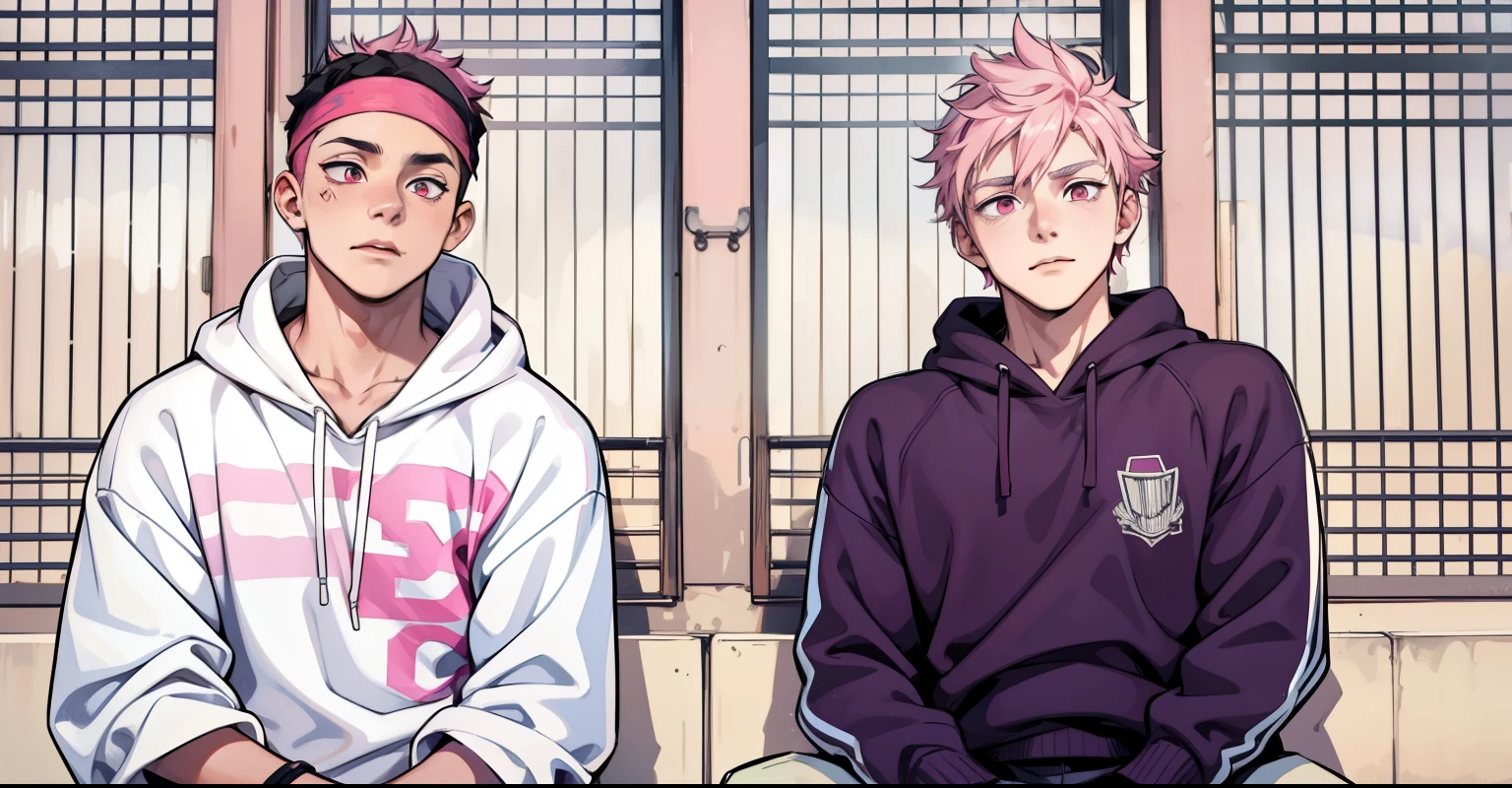 two boys with pink hair, pink eyes, they are 18 years old, they are talking sadly. , They have a black sports fabric band on their head