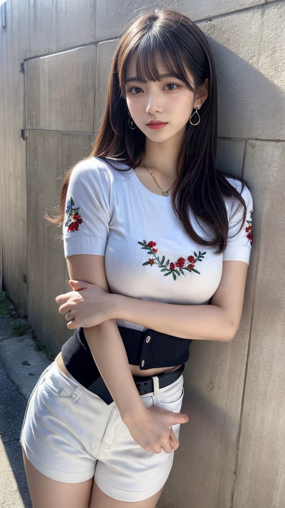 masterpiece, best quality, illustration, Super detailed, fine details, High resolution, 8K,wall paper, perfect dynamic composition, full body photo,  leaning forward, crossed arms, (Details High quality, realistic depiction of eyes:1.3), 20 year old girl, Gravure Idol, cute type, large breasts, straight hair, black hair color, Korean style makeup, Big Natural Color Lip, perfect body shape, plump figure, satin and embroidered version of a stadium jumper, White T-shirt with low exposure, denim short pants, Leather belt, necklace, earrings