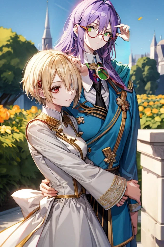 (((Purple long hair))),(((Red round glasses))),(((Green Eyes))),(((Only the face))),(((Only from the neck up))),