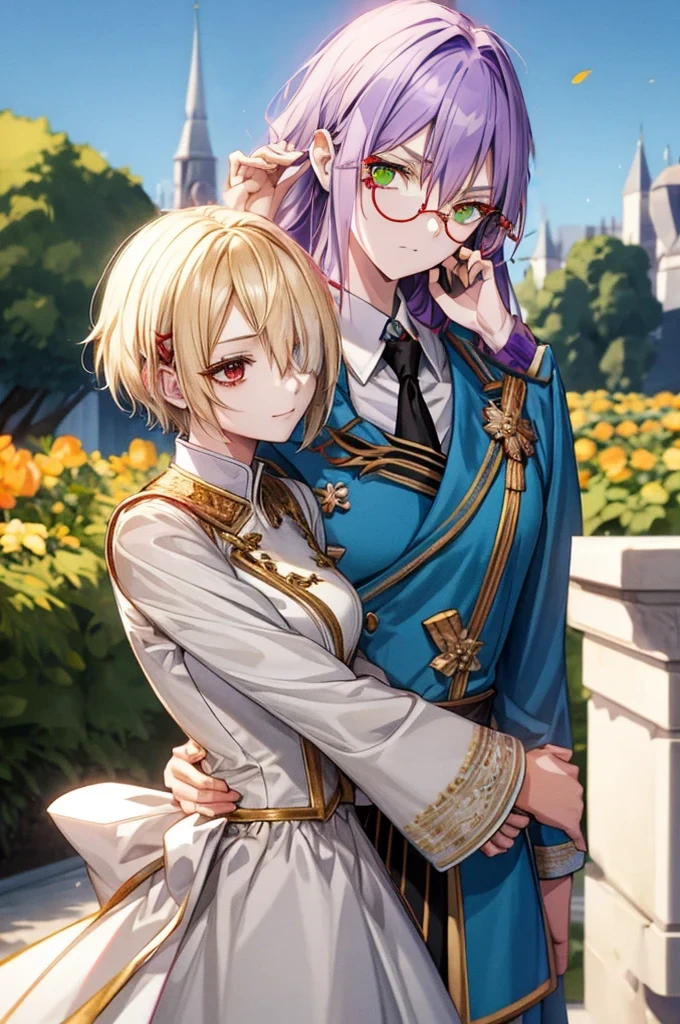 (((Purple long hair))),(((Red round glasses))),(((Green Eyes))),(((Only the face))),(((Only from the neck up))),
