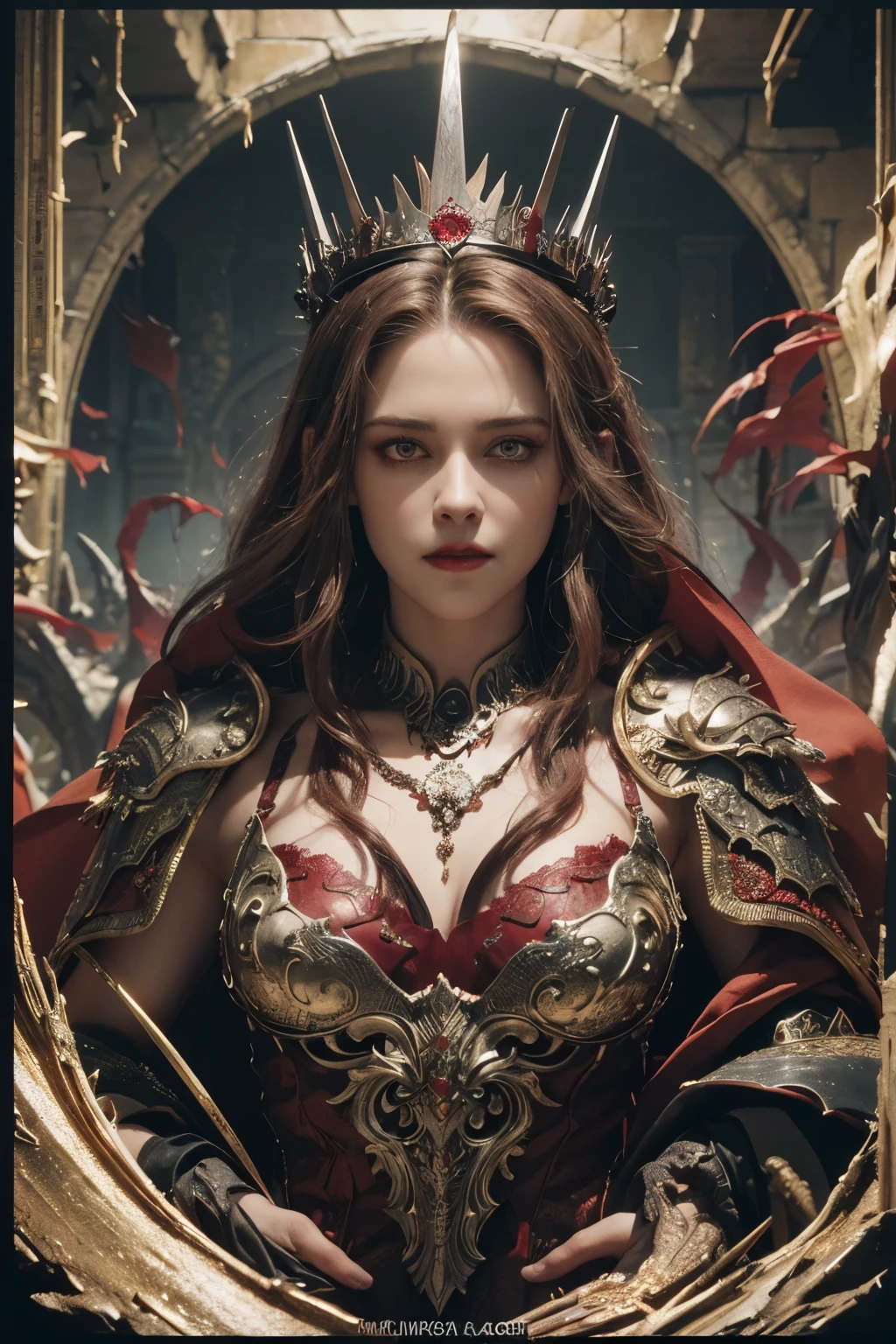 Solo, full-body photo, panorama, a female magician (Kristen Stewart, wearing a two-horned crown, long golden hair shawl, eye details depicted. Red eyes, silver scales armor, her cheeks have silver dragon scales and dragon decoration, looks natural and powerful, black eyeliner, her red lips look intimidating and majestic with a sharp and prominent chin, confident and majestic, red scales long cape, she looks like a mythical dragon, intimidating, dark red lipstick with tall figure, charming, charming, lust, mythical style, dragon scales, scales, evil), complex background (medieval fantasy style, burning castle, blood red sky), Facial Details (1.3) Eye Detail, Cinematic Lighting, Panorama, Projected Inset, UHD, Masterpiece, (Best Quality), (Best Illustration), (Best Shadow), Ccurate, Textured Skin, High Quality, High Details, Super Detail, Award Winning, Best quality, highres, anatomically correct, 8k, close-up, backlighting, metallic