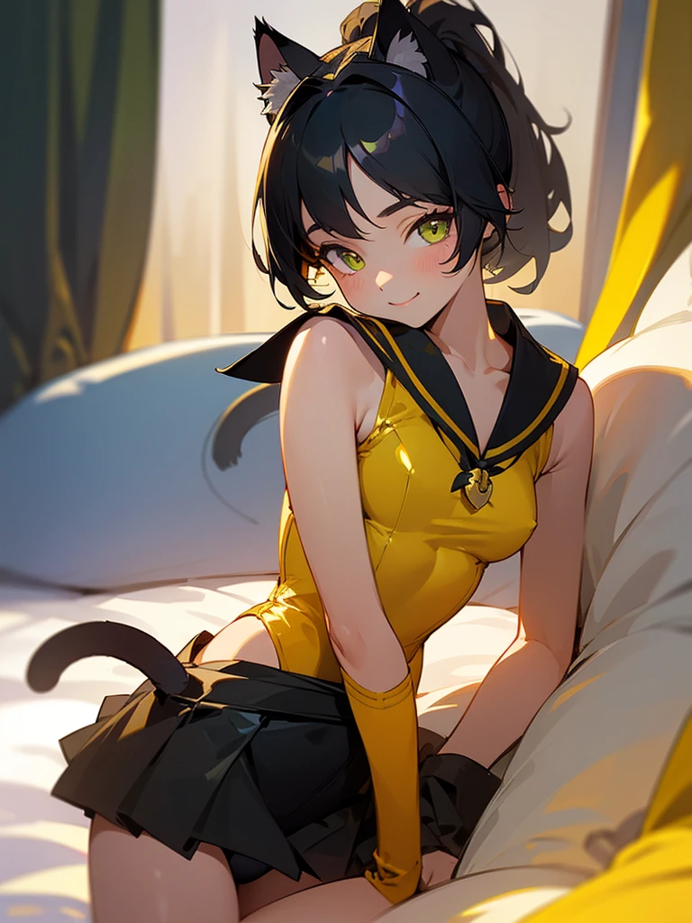 Highest quality,High resolution,１People Girl,whole body,fine,smile,looking at the camera,Bedroom,Dazzling lighting,ponytail,Black Hair,Yellow-green eyes,Sailor Leotard,beautiful girl,Cat ears on the head,Cat tail on waist,smile,be happy,