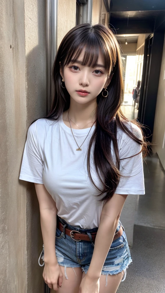 masterpiece, best quality, illustration, Super detailed, fine details, High resolution, 8K,wall paper, perfect dynamic composition, full body photo, leaning forward, crossed arms, (Details High quality, realistic depiction of eyes:1.3), 20 year old girl, Gravure Idol, cute type, large breasts, straight hair, black hair color, Korean style makeup, Big Natural Color Lip, perfect body shape, plump figure, skajan, White T-shirt with low exposure, denim short pants, Leather belt, necklace, earrings
