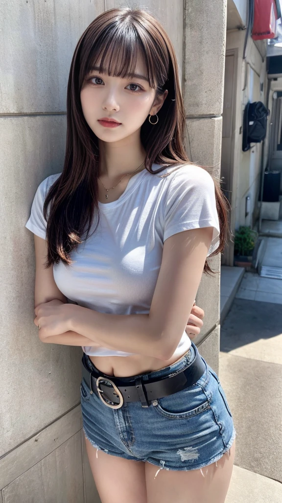 masterpiece, best quality, illustration, Super detailed, fine details, High resolution, 8K,wall paper, perfect dynamic composition, full body photo, leaning forward, crossed arms, (Details High quality, realistic depiction of eyes:1.3), 20 year old girl, Gravure Idol, cute type, large breasts, straight hair, black hair color, Korean style makeup, Big Natural Color Lip, perfect body shape, plump figure, skajan, White T-shirt with low exposure, denim short pants, Leather belt, necklace, earrings