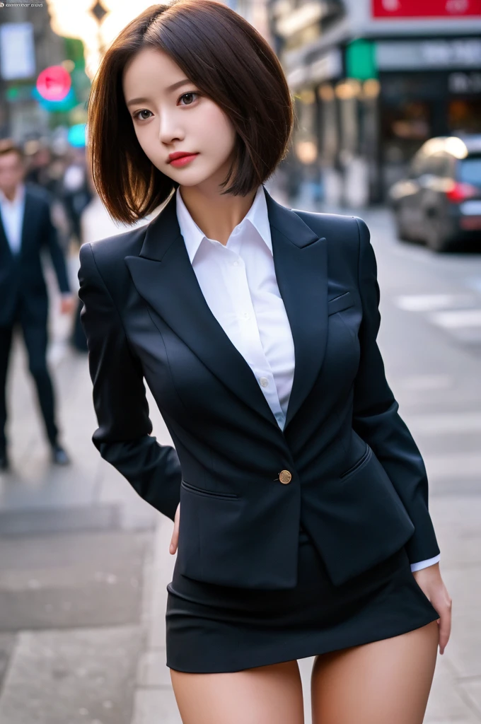 a 20 year old face of the most beautiful actress in the world, the perfect body proportions of a female, tight blazer is worn with formal shirt on female upper body, panties of female crotch between bare legs under short skirt are seen just a little, the short hair cut for a female, standing, at the city street, nsfw, best quality, highly detailed, masterpiece, ultra high res, photo realistic, 8k