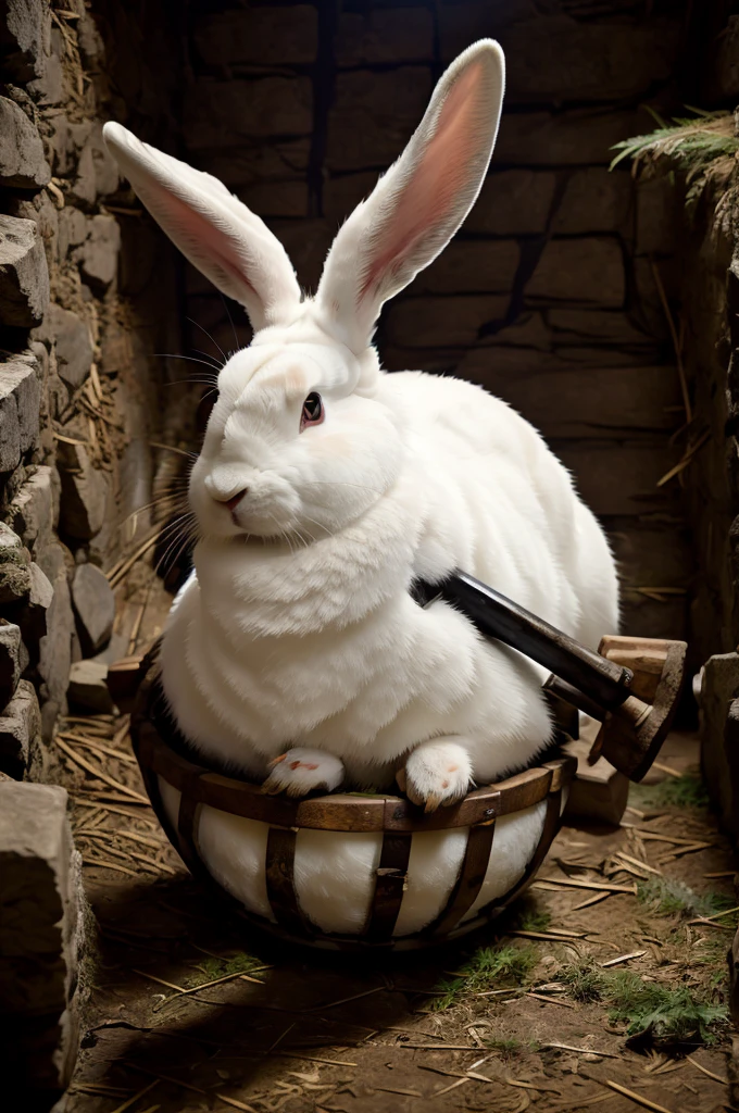 an anthropomorphic white and black spotted rabbit dressed as Robin Hood pounding on a giant drum in a cavern, masterpiece, best, photo realistic