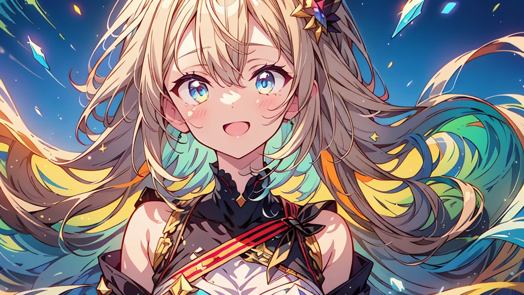 1girl,(((Highest quality、Masterpiece、Official Art、The best dynamic composition、HD、Super detailed)))、Gray and blue gradation hair、overhead shot, upper body, snow mountain, concept art, shedding tears、Jumping, looking up at the sky and smiling with the biggest smile on his face、A hopeful look、Your eyes are sparkling、Singing a song、Upper Body、