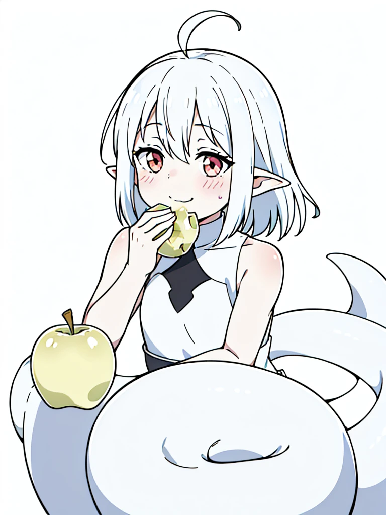 1girl,9s,,smile,short hair,white hair,ahoge,lamia tail,white lamia tail,(white background),pointy ears,sleeveless,cute,blush,eating a apple,portrait,shy,looking away