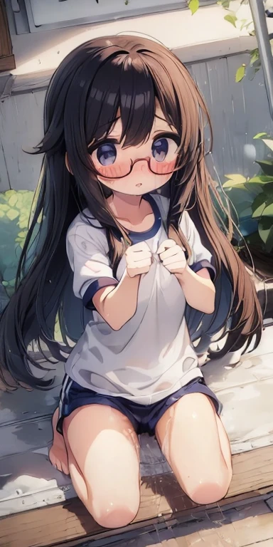((orgasm、blush:1.7)、Convulsions、Watery eye、Gym suit、(Navy shorts、Gym suitショートパンツ:1.3)、Big red round glasses、(Pee、Peeing:1.5)、masturbation、Overflowing love juice)