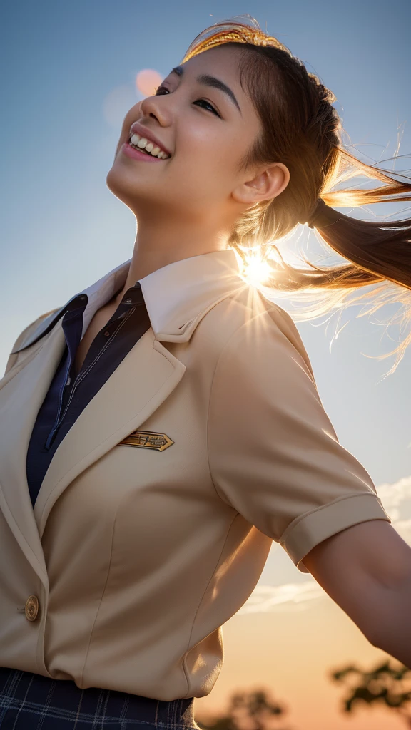 (Highest quality,masterpiece:1.3,Ultra-high resolution),(Very detailed,Caustics,8K),(Realistic:1.4,RAW shooting),1 Girl,(Smiling and looking down at the camera),(Front shot:1.1),(look forward to),18-year-old,cute,Japanese,Black short ponytail,,glamorous,(big ),( close),(Chest Focus),street,sunlight,Natural light,(Backlight),(A bright light shines from behind),(Lens flare),Professional Writing,(Cowboy Shot),(Low position:1.3),(Low Angle:1.3)、High school girls、beige high school uniform