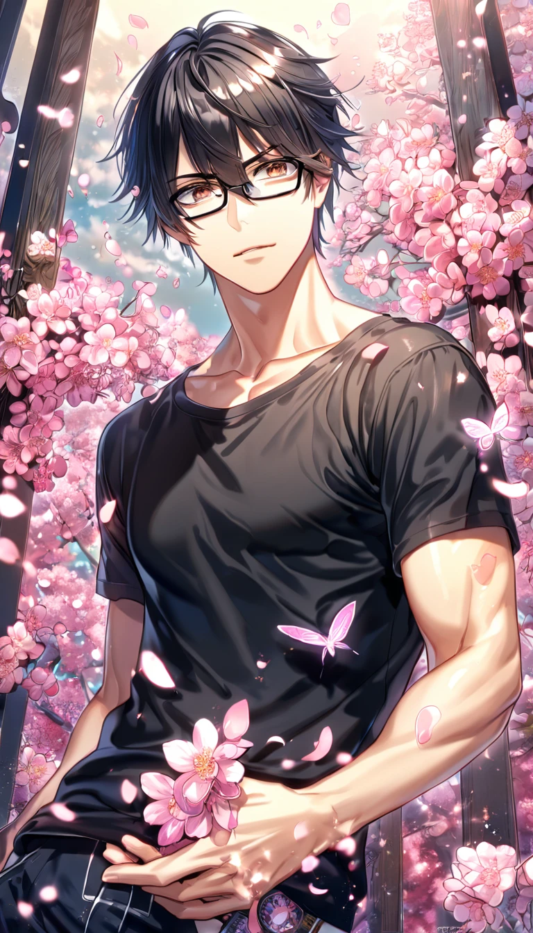 absurdres, highres, ultra detailed, HDR, master piece, best quality, Takano Masamune, expressive brown eyes, black hair, glasses with black frames, Sekaiichi Hatsukoi, solo, sexy man, handsome, black T-shirt, fantasy, shining, pink flowers, pink blossoms, pink butterflies, pink petals