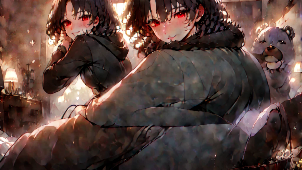 beautiful couple of man and woman, (Masterpiece), Best Quality, (extremely detailed face), extremely detailed eyes, perfect lighting, General detail,(junkotvv) detailed, deep skin,textured skin,
,Bear costume ,black Bear costume, long sleeves, hood up,,mauve , long black fur, Red eyes, big smile,in bed ,sitting between pillows, with a bucket of Popcorn, a television in front
,