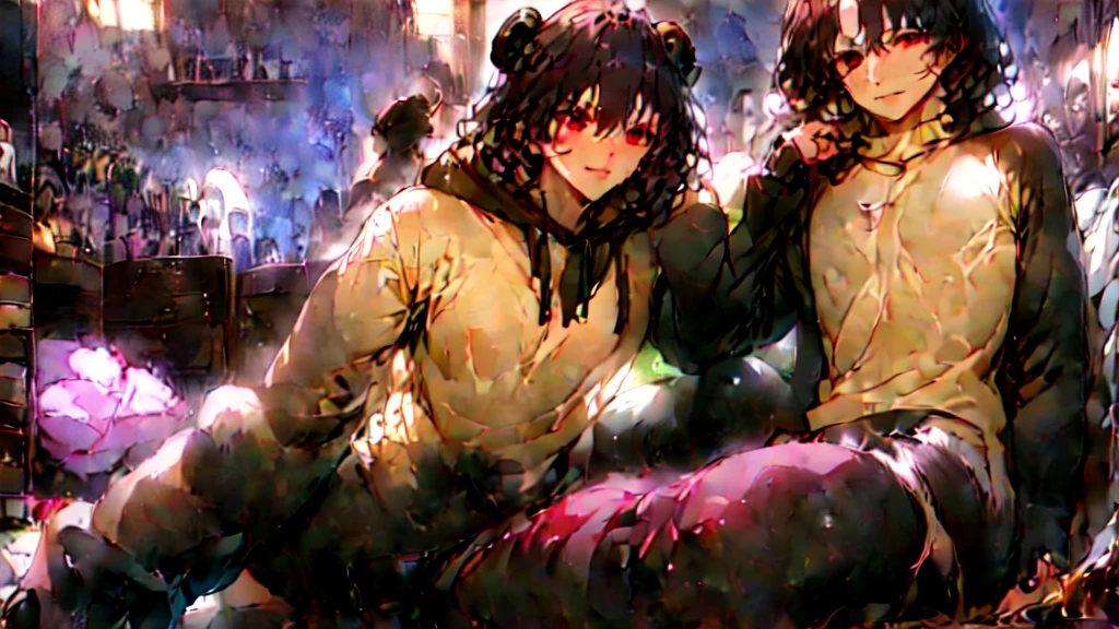 beautiful couple of man and woman, (Masterpiece), Best Quality, (extremely detailed face), extremely detailed eyes, perfect lighting, General detail,(junkotvv) detailed, deep skin,textured skin,
,Bear costume ,black Bear costume, long sleeves, hood up,,mauve , long black fur, Red eyes, big smile,in bed ,sitting between pillows, with a bucket of Popcorn, a television in front
,