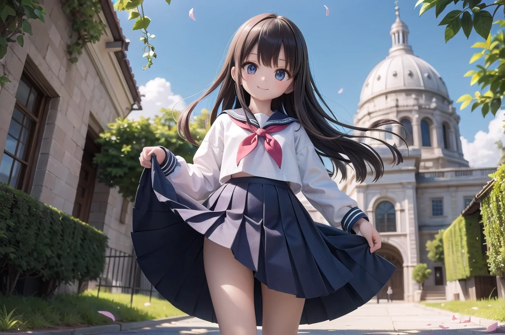 (masterpiece), town, blue sky, One Girl, smile, alone, Sailor suit、Long skirt, Overgrown, petal, plant、Skirt lining、Translucent slip、Nostalgic
