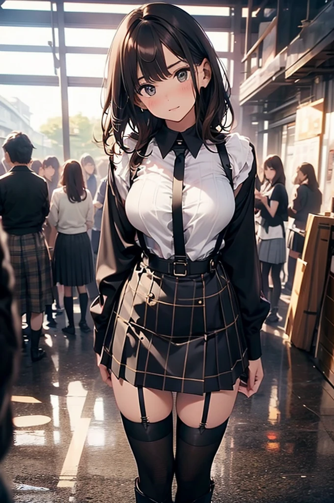 Brown Hair、Staring at the audience　　　Black suspenders　　　bulging big breasts　　 　 　　　wall: 　Black mini skirt　garter　　　　　　sight　　　Small face　Bans 　　　holster　　　Beautiful woman　　Show your hand　　レッグholster ベッドに横たわる　　sight 　Black boots panty shot　Taunt　side　side汗　I 　arm