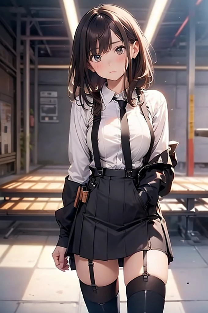 Brown Hair、Staring at the audience　　　Black suspenders　　　bulging big breasts　　 　 　　　wall: 　Black mini skirt　garter　　　　　　sight　　　Small face　Bans 　　　holster　　　Beautiful woman　　Show your hand　　レッグholster ベッドに横たわる　　sight 　Black boots panty shot　Taunt　side　side汗　I 　arm