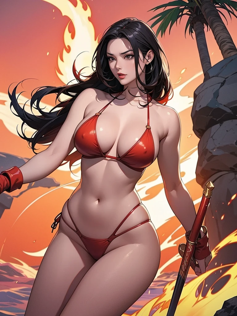 Close up Beautiful asian woman, red lips, thick long hair, red micro bikini, g string bikini, big breast, curve hourglass body, red high heels, standing confidently, surrounded by swirling flames that represent his Fire Fist ability. The background should be reminiscent of a tropical island, with palm trees and the sea. Capture the essence of Ace's adventurous spirit and the power of fire in this iconic 'One Piece' moment."