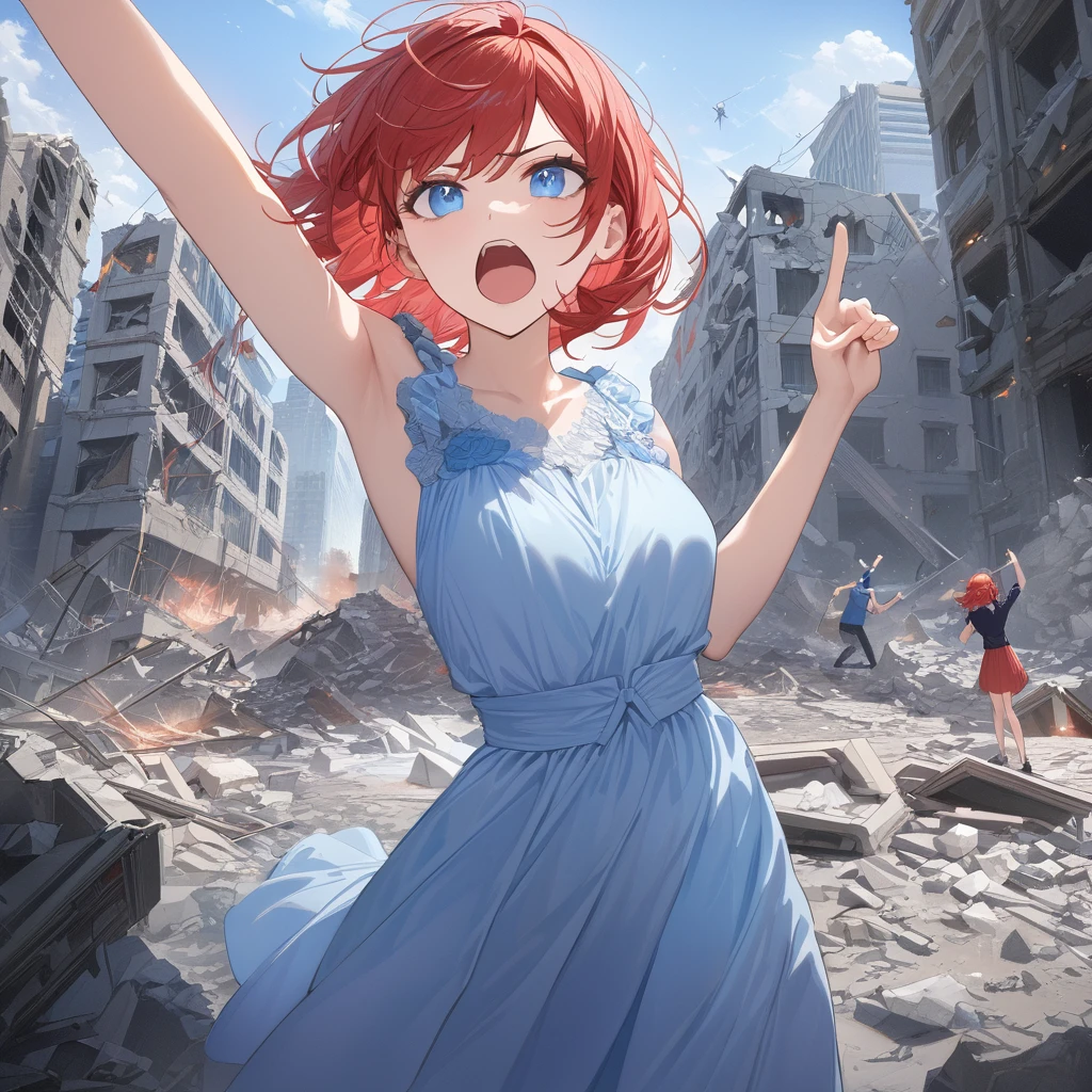 ((highest quality)), ((masterpiece)), (detailed)),  a scene of a couple man pointing his arm up shouting blue eye blue hair a woman red hair blue eye in a destroyed city and rubble