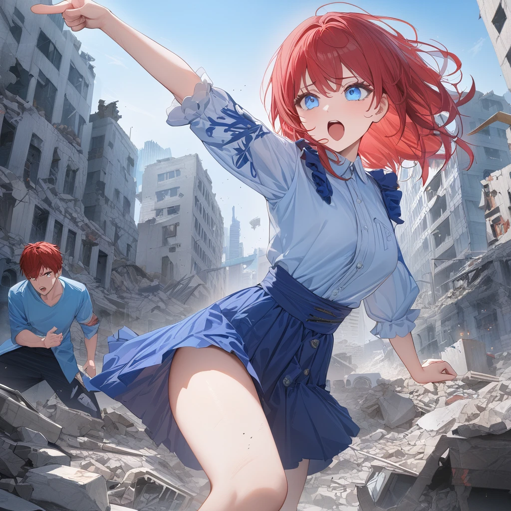 ((highest quality)), ((masterpiece)), (detailed)),  a scene of a couple man pointing his arm up shouting blue eye blue hair a woman red hair blue eye in a destroyed city and rubble