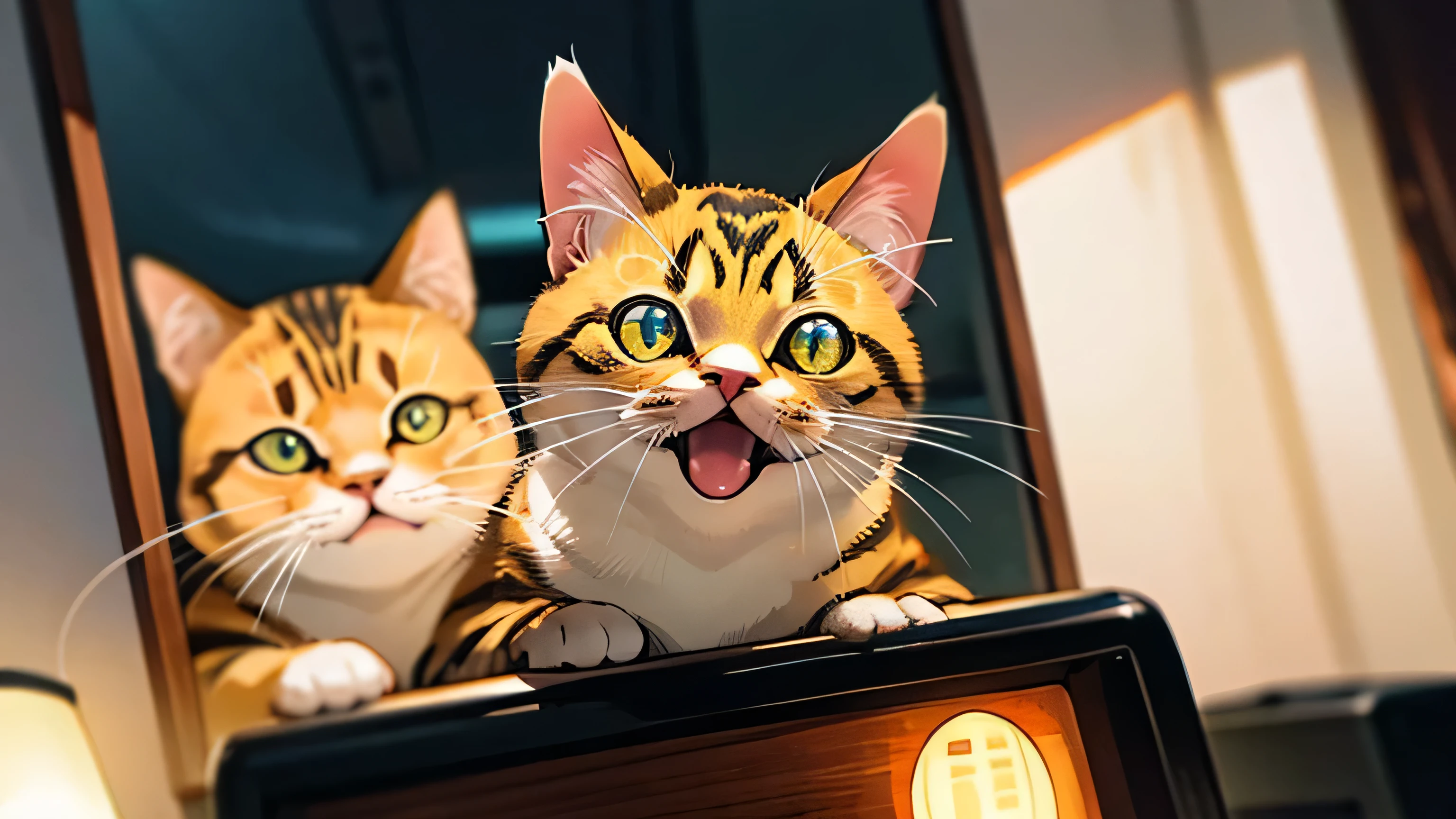 Room with speakers、Real Cat、Upper body close-up、night、Yawn