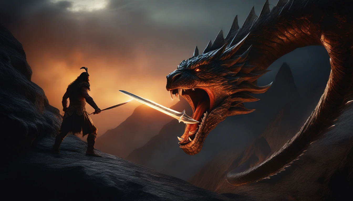 ((photorealism real photo hyperrealism)) photorealistic and cinematic image of a young, strong and handsome man with the face of Henry Cavill, with long hair wearing a costume in the style of Conan the Barbarian, wielding a metallic steel sword and fighting a Giant and menacing serpent that is coming out of the bottom of a deep fiery abyss! The giant serpent breathes fire from its mouth. They are in a dark and scary cave, photorealistic, DnD, realistic style and hyper-detailed renders, dungeons and dragons, 8k, detailed eyes, perfect eyes, epic, dramatic, fantastic, full body, intricate design and details, using a sword and fighting a giant serpent that spits fire from its mouth in a dark environment and scary cave, dramatic lighting, hyperrealism, photorealistic, cinematic, 8k, detailed face, dramatic photo, epic photo, full body, barbaric, cinematic photo, photo taken by Canon, incredible and sharp details HQ, 8k, movie scene! contrast (deep focus) (f_stop 2.8), (focal length 35.0) f/2.8, 35mm focal length photography of (top view: 1.42).analog photo, silhouette, highlight, warm colors, candid Cinema RAW, 16mm, Portra 400 film with graded colors, remarkable, ultra-realistic colors. capture in (Fujifilm X-Pro3) / (f_stop 16.0) (focal_length 24.0), ultra-detailed, photographic, cinematic, fashion, dark fantasy, vibrant, photo