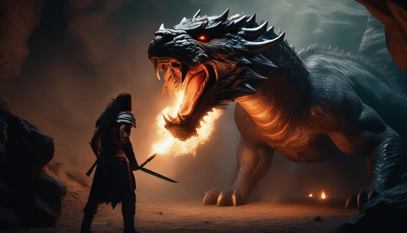 ((photorealism real photo hyperrealism)) photorealistic and cinematic image of a young, strong and handsome man with the face of Henry Cavill, with long hair wearing a costume in the style of Conan the Barbarian, wielding a metallic steel sword and fighting a Giant and menacing serpent that is coming out of the bottom of a deep fiery abyss! The giant serpent breathes fire from its mouth. They are in a dark and scary cave, photorealistic, DnD, realistic style and hyper-detailed renders, dungeons and dragons, 8k, detailed eyes, perfect eyes, epic, dramatic, fantastic, full body, intricate design and details, using a sword and fighting a giant serpent that spits fire from its mouth in a dark environment and scary cave, dramatic lighting, hyperrealism, photorealistic, cinematic, 8k, detailed face, dramatic photo, epic photo, full body, barbaric, cinematic photo, photo taken by Canon, incredible and sharp details HQ, 8k, movie scene! contrast (deep focus) (f_stop 2.8), (focal length 35.0) f/2.8, 35mm focal length photography of (top view: 1.42).analog photo, silhouette, highlight, warm colors, candid Cinema RAW, 16mm, Portra 400 film with graded colors, remarkable, ultra-realistic colors. capture in (Fujifilm X-Pro3) / (f_stop 16.0) (focal_length 24.0), ultra-detailed, photographic, cinematic, fashion, dark fantasy, vibrant, photo