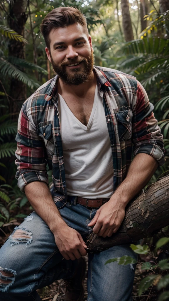 lumberjack with a large beard, well-cut hair with white streaks, wearing a long-sleeved red plaid shirt, ripped jeans, full body, crouched, looking forward, smiling, in a paradisiacal forest. high definition photo, 8K image, kodak, Nikon.