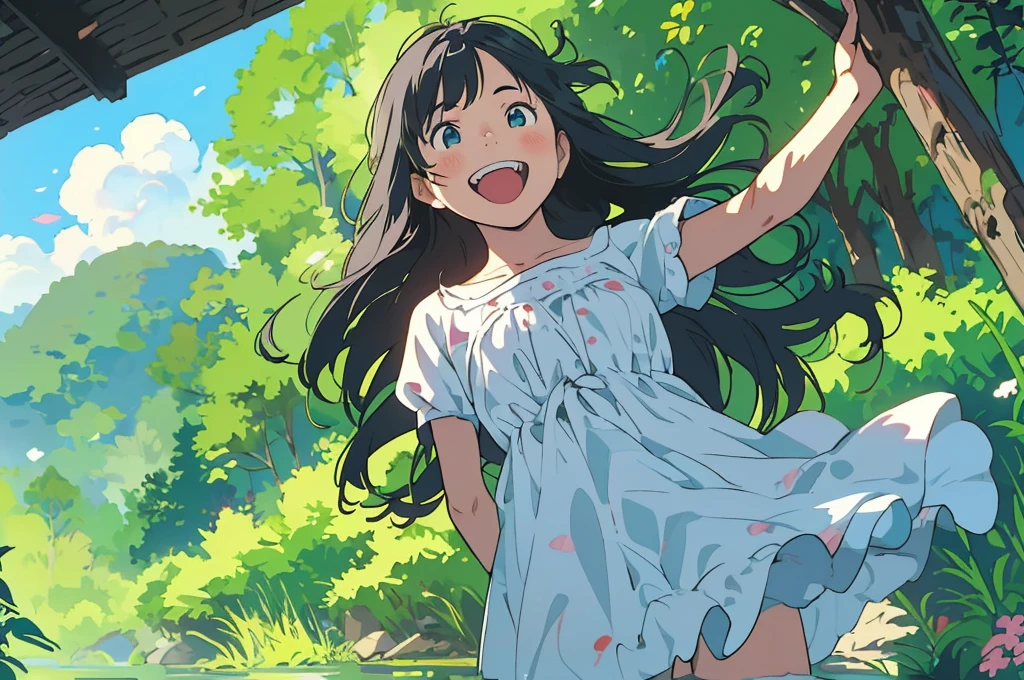 Reasonable design, Clear lines, High Sharpness, (Highest quality,8K,Perfect sharpness,Ultra fine,High resolution,masterpiece:1.2), Perfect Anatomy:1.5, Official Art, Illustrations that tell a story, (Whitish background:0. 9）、Body Positivity、多Mr.な身体表現、（Random and energetic poses）、Perfect beauty、Perfect beautiful face、Strong winds、A rich expression、Dynamic composition、smile、Golden ratio composition、colorful、（(Mr.々Different angles and perspectives)）、Anime Art、(Mini dress)、（Overcoming stereotypes）、 Glowing Skin、（Natural beauty）、smile、Bangs、（Soft and flowing hair）、（countryside）、（Nostalgic atmosphere）、Put up to your feet、（Playful and carefree）、（多Mr.な民族のキャラクター）、（innocent attitude）、（Sunny atmosphere）、(The skirt flutters wildly in the wind)、（Bright colors）、Beautiful Eyes、(Embarrassing)、Braided Hair、Summer Scene、Smiling among flowers、Angle from below、