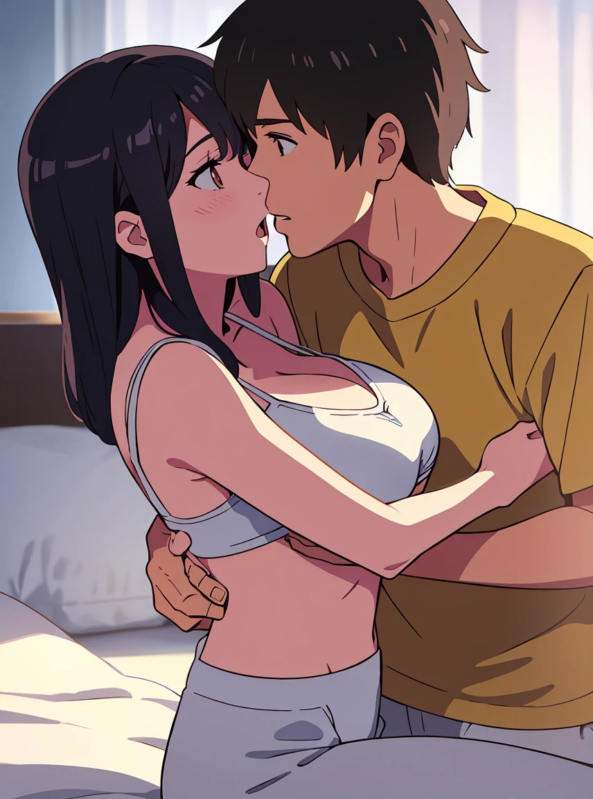 1middle age man, wrinkle face, black hair,bangs swept to the right side, Middle aged man behind girl, touching chest, breatsgrope from behind, grab, (((pressing her boobs)))),chestgrab behind back, removing bra, hold bra, hug back, hugging, neck kiss, 1girl, black hair, long hair, brown eyes, yellow short sleeve, cleavage, white bra, white pants, cute, open mouth, full body, cowboy shot, masterpiece,rape, blushing, bedroom, curtains,lamp, sit on bed,