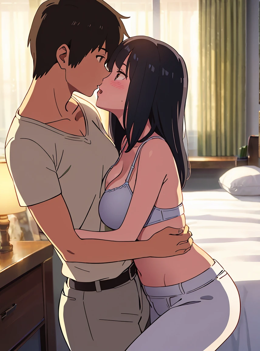 1middle age man, wrinkle face, black hair,bangs swept to the right side, Middle aged man behind girl, touching chest, breatsgrope from behind, grab, (((pressing her boobs)))),chestgrab behind back, removing bra, hold bra, hug back, hugging, neck kiss, 1girl, black hair, long hair, brown eyes, yellow short sleeve, cleavage, white bra, white pants, cute, open mouth, full body, cowboy shot, masterpiece,rape, blushing, bedroom, curtains,lamp, sit on bed,