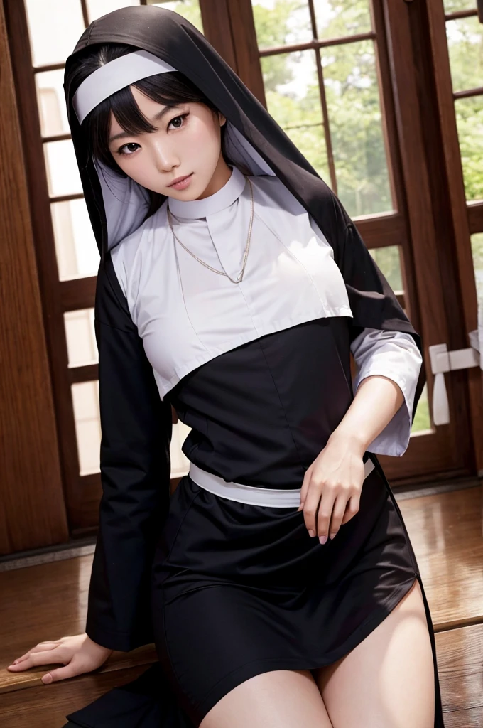 nsfw,(Highest quality:1.2), 32k HDR, High resolution,(Japanese women),Young and beautiful woman,(Nuns'Clothing),she'On the altar of the chapel,(Inside the chapel),Stained glass、Two women hugging each other,(((Wearing a red leather collar around his neck)))、(((the whole body is tied with a rope)))、(Artistic Expression)、Cleavage、Front image (((Tying over clothes,)), bondage, shibari:1.5, (((both arms tied))), ((bondage))、((Full body portrait))、Accurate、Anatomically correct、Textured skin、Very detailed、 Attention to detail、Highest quality、High resolution、Genuine、Indistinguishable from live-action、realism、RAW Photoasterpiece,(Constraints),((Bondage)),((Tortoiseshell binding)),((Cross Necklace)),((Offer a prayer)),