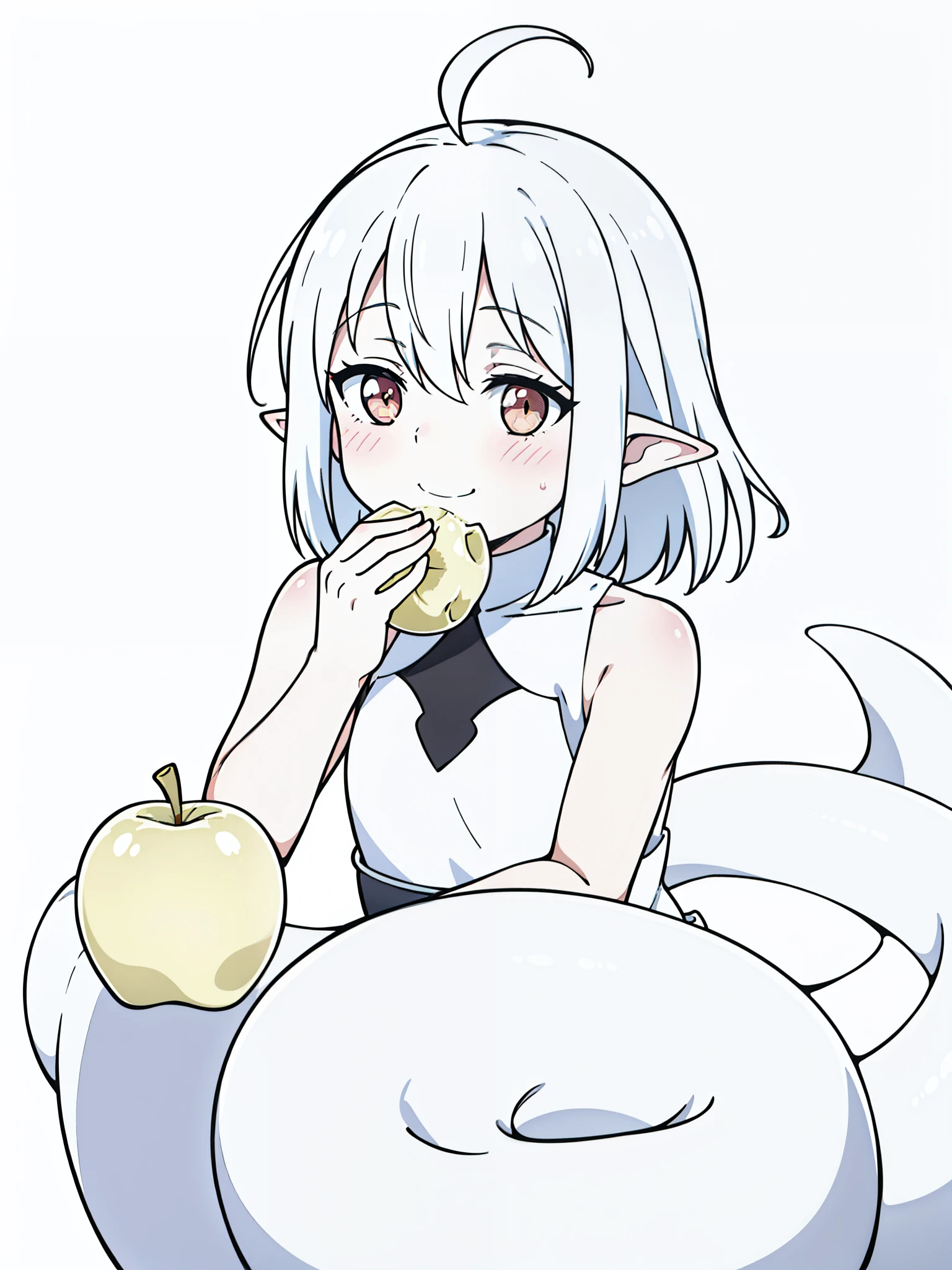 1girl,9s,kid,smile,short hair,white hair,ahoge,lamia tail,white lamia tail,(white background),pointy ears,sleeveless,happy,cute,blush,eating a apple,upper body