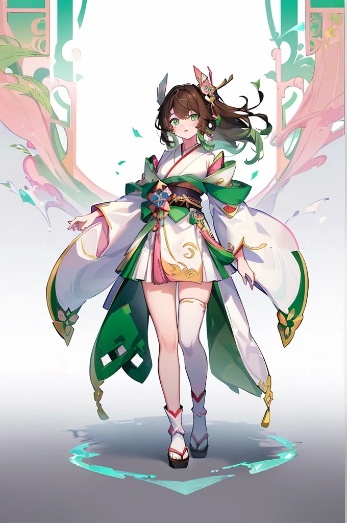 ((Genshin impact style)) (masterpiece), (high quality), 1 girl, 16 years, female body, white skin, freckles, ((long and wavy DARK-BROWN HAIR)), ((green and bright eyes, pink lips, designs from East Asian, Game character costume design, Japanese clothing style with a green and light pink color palette, Japanese hair accessories, Dendro Vision, ((White background)) ((full body standing up)) intricate details, lens flare,ultra high resolution,sharp focus,HD,8k,clear facial features,clear details,beautiful eyes,beautiful face