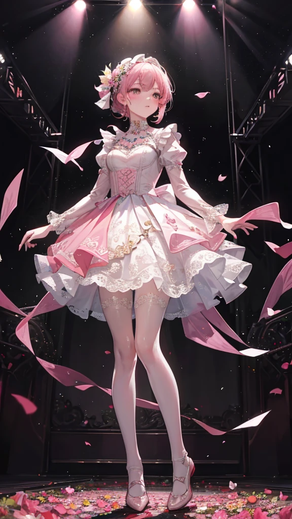 Face the viewer,Masterpiece,HighestQuali,one-girl,Stand on stage and sing,Delicate facial features,Pink floral dress,White tights,Small leather shoes,Stage,lamplight,Close-up of people