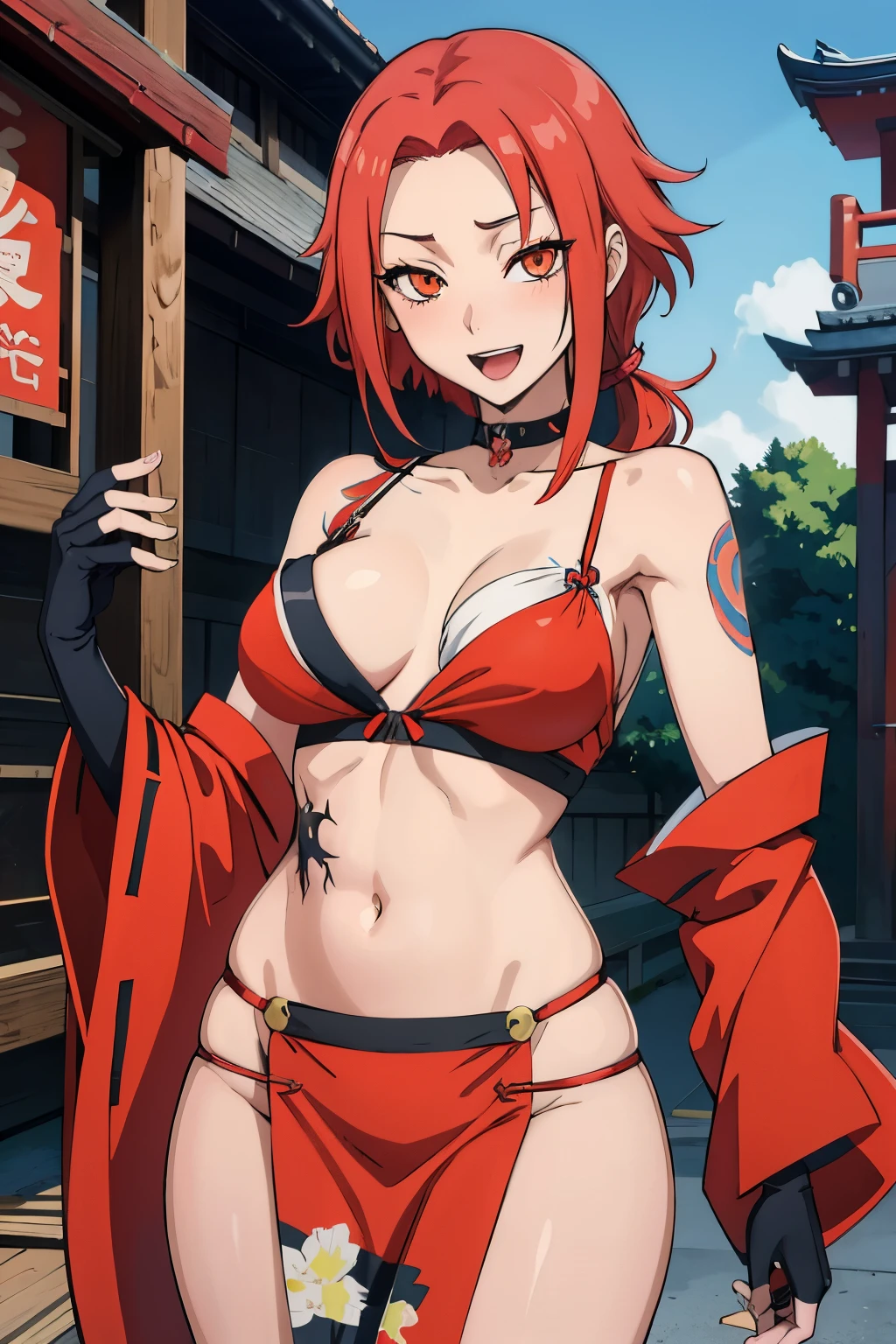 harudesu, red hair, choker, tattoo, gloves, large breast, long hair, lipstick, blush, masterpiece, best quality, highly detailed, a anime girls in kimono dress with a sword posing for a
picture, bare shoulder,open kimono, evil smile, open mouth, crop top , , smile,
ecchi anime style, anime girls, ecchi style, ecchi, digital anime art!!, in anime style, official artwork, visual
novel cg, beautiful anime girl, anime style 4 k, kimono pencil skirt, exposed belly, exposed navel,
exposed midriff, exposed lower belly, outdoor, japanese architecture, temple