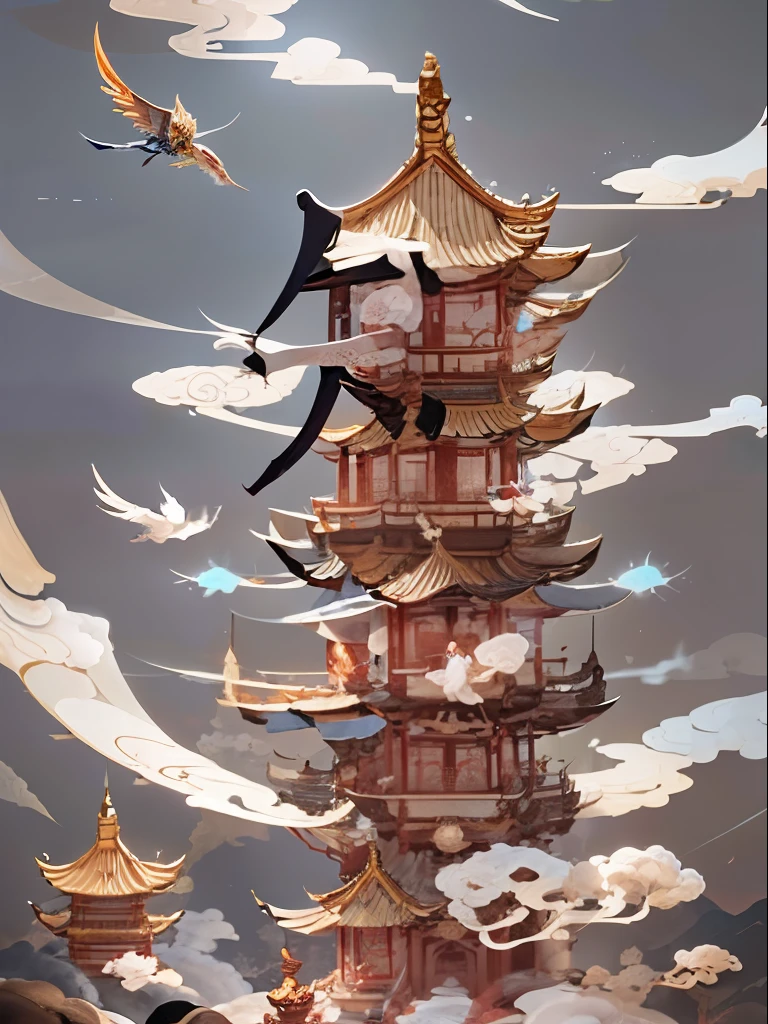 There is a bird sitting on a table in the sky, Chinese surrealism, Chinese Fantasy, Feiyun Castle, Lying on the throne in a fantasy land, tall golden heavenly gates, Surrealist Concept Art, Pagoda Figures, feng zhu |, Cloud Palace, Inspired by Brian Despain, author：Qu Leilei, author：Julian