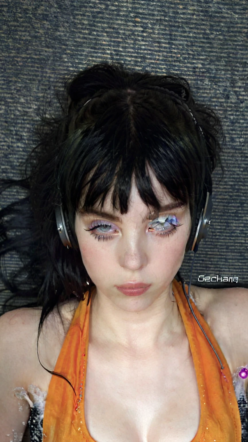 Close-up of a woman with headphones on her head, she looks like a mixture of dirt, she has black hair with bangs, very pale white skin, very very pale white skin, pale gothic beauty, looks like a mixture of dirt, with pale skin, 1 7  gothic girl, her face looks like an orchid