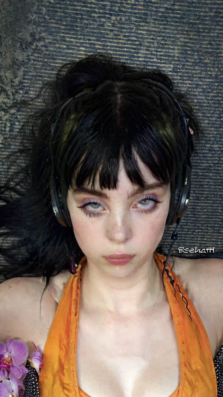 Close-up of a woman with headphones on her head, she looks like a mixture of dirt, she has black hair with bangs, very pale white skin, very very pale white skin, pale gothic beauty, looks like a mixture of dirt, with pale skin, 1 7 year old gothic girl, her face looks like an orchid